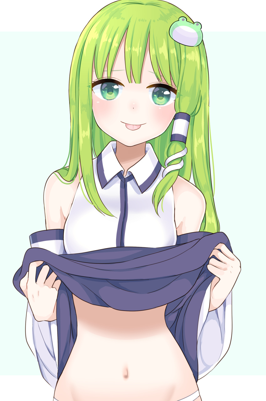 1girl :p absurdres bare_shoulders blush breasts clothes_lift detached_sleeves from_behind green_eyes green_hair hair_ornament hair_tubes highres kochiya_sanae lifted_by_self light_blue_background long_hair looking_at_viewer medium_breasts navel shirt simple_background skirt skirt_lift snake_hair_ornament solo stigma1101 tongue tongue_out touhou white_shirt