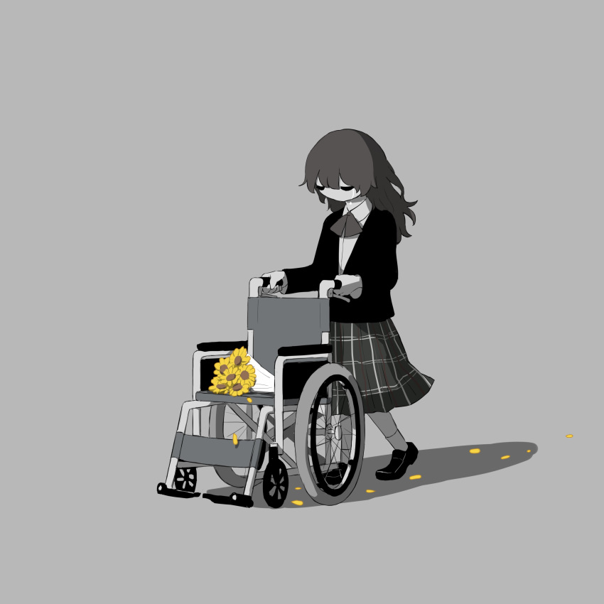 1girl absurdres avogado6 bouquet bow bowtie crying flower grey_background highres jacket long_hair long_sleeves original pleated_skirt shirt shoes simple_background skirt socks solo tears wheelchair yellow_flower