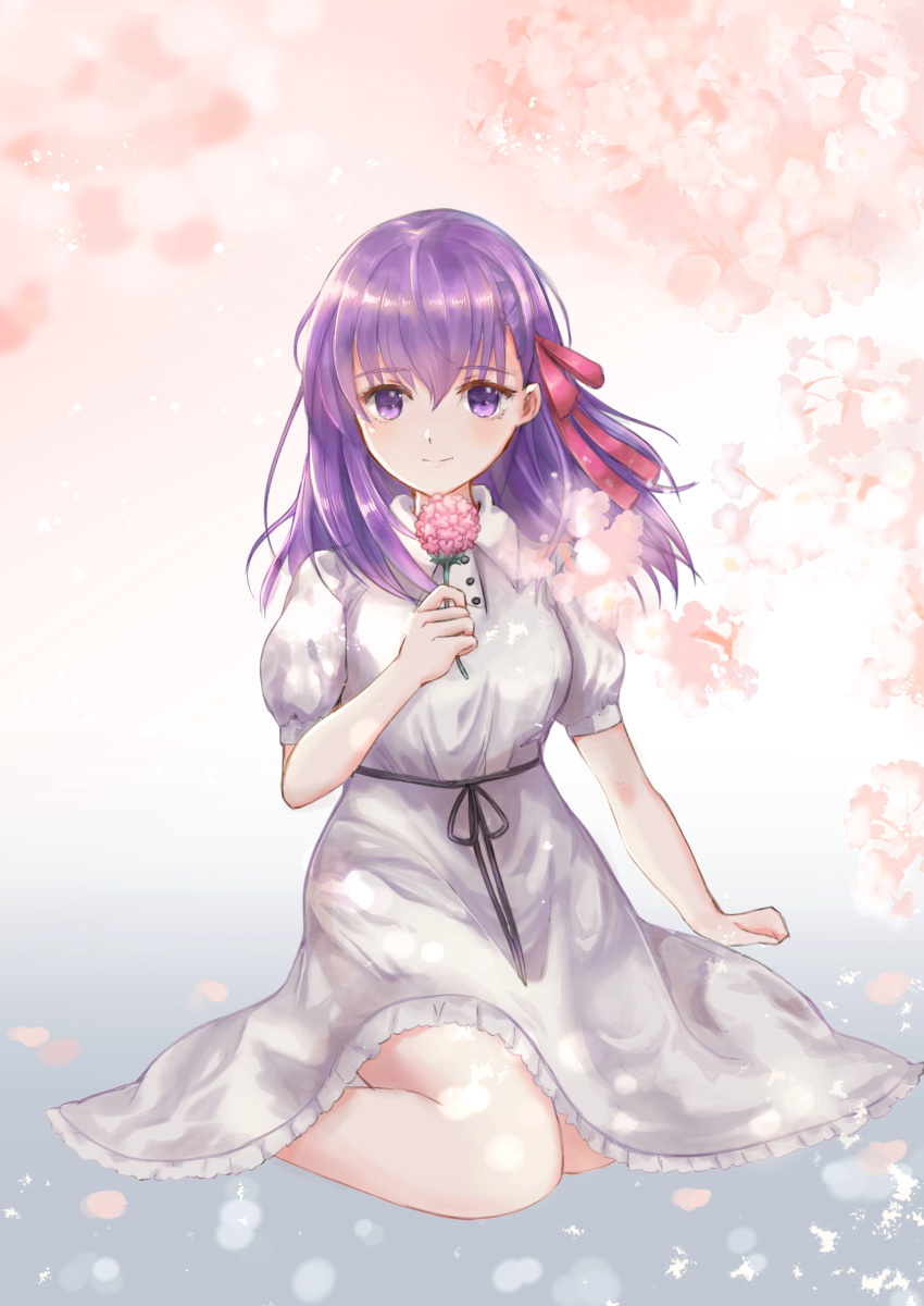 1girl absurdres breasts closed_mouth dress facing_viewer fate/stay_night fate_(series) flower hair_ribbon hand_up highres holding holding_flower looking_at_viewer matou_sakura medium_breasts medium_hair official_alternate_costume puffy_short_sleeves puffy_sleeves red_ribbon ribbon shigure.k short_sleeves sitting smile solo wariza white_dress