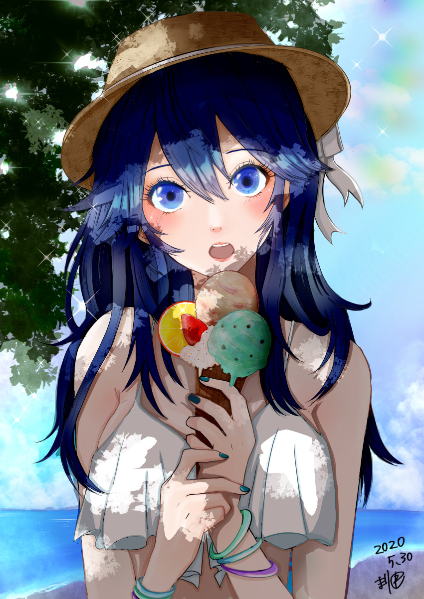 absurdres beach bikini blue_hair blue_nails blush bracelet eating eva02asuka0608 eyebrows_visible_through_hair fire_emblem fire_emblem_awakening food hands_together hat highres ice_cream ice_cream_cone jewelry long_hair looking_at_viewer lucina_(fire_emblem) ocean open_mouth shadow signature sun_hat sunlight swimsuit upper_body