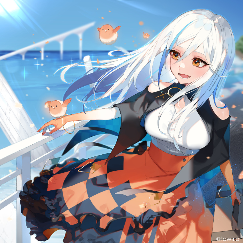 1girl absurdres arcaea bird bird_on_hand black_capelet blouse blue_hair blue_sky blurry blurry_background bracelet breasts capelet character_request checkered checkered_skirt clothing_cutout colored_skin commentary_request cowboy_shot day frilled_skirt frills gradient_skin highres jewelry large_breasts light_particles long_hair looking_at_animal lower_teeth mixed-language_commentary multicolored_hair ocean official_art open_mouth orange_eyes orange_skin orange_skirt outdoors railing shoulder_cutout skirt sky smile solo sparkle streaked_hair sunlight white_blouse white_hair zumi_(neronero126)