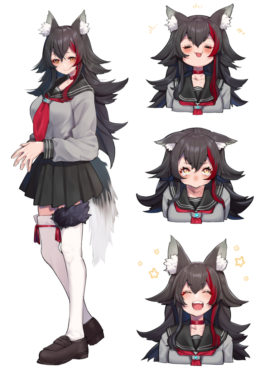 1girl :3 :d =_= alternate_costume animal_ear_fluff animal_ears black_hair black_skirt choker closed_eyes cropped_torso crying crying_with_eyes_open eyebrows_visible_through_hair fang fingers_together full_body grey_serafuku highres hololive loafers long_hair long_sleeves looking_at_viewer mikan_(chipstar182) multicolored_hair multiple_views neckerchief ookami_mio open_mouth pleated_skirt redhead sailor_collar school_uniform serafuku shoes simple_background skin_fang skirt smile standing streaked_hair tail tail_around_leg tears thigh-highs very_long_hair virtual_youtuber white_background white_legwear wolf_ears wolf_girl wolf_tail yellow_eyes zettai_ryouiki