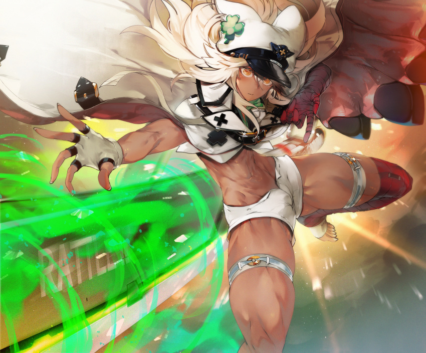 1girl absurdres bandaged_arm bandages closed_mouth commentary_request dark-skinned_female dark_skin fingerless_gloves gloves guilty_gear guilty_gear_strive hair_between_eyes hat highres huge_filesize long_hair looking_at_viewer midriff navel nishiide_kengorou orange_eyes ramlethal_valentine shorts single_glove solo thighs white_gloves white_hair white_headwear white_shorts