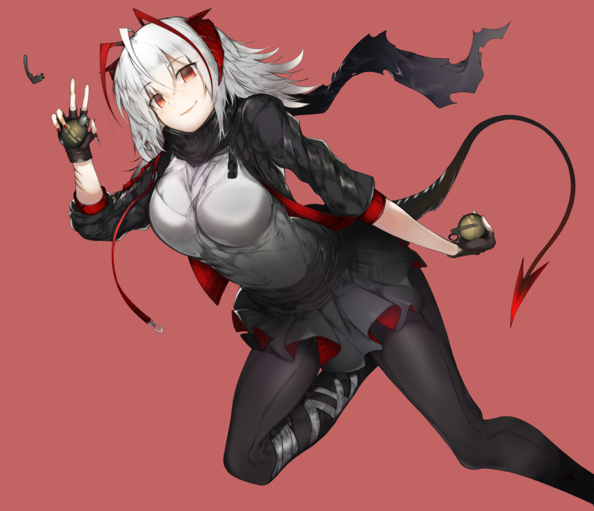 1girl arknights black_gloves black_jacket black_legwear black_scarf black_skirt breasts demon_horns demon_tail ekuesu eyebrows_visible_through_hair fingerless_gloves foot_out_of_frame gloves grey_shirt hair_between_eyes highres holding_grenade horns jacket looking_at_viewer medium_breasts miniskirt multicolored_hair open_clothes open_jacket open_mouth pantyhose pleated_skirt red_background red_eyes red_nails redhead scarf shirt short_hair silver_hair skirt smile solo streaked_hair tail thighs two-tone_hair w_(arknights)
