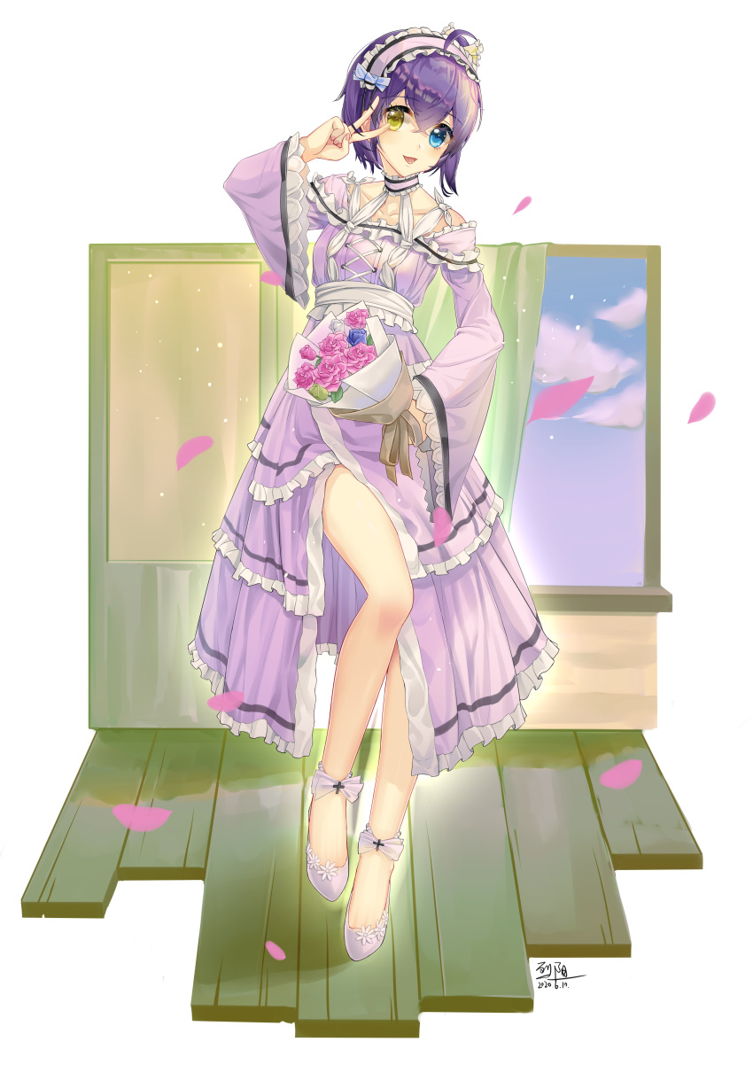 1girl :d absurdres ahoge bangs bare_legs blue_eyes blue_flower bouquet bow breasts chuunibyou_demo_koi_ga_shitai! collarbone commentary_request detached_sleeves dress eyebrows_visible_through_hair eyepatch flower footwear_bow frilled_dress frills full_body heterochromia highres holding holding_bouquet ledanyang looking_at_viewer open_mouth petals pink_dress pink_flower pink_footwear pink_rose pink_sleeves rose short_hair signature small_breasts smile solo takanashi_rikka v v_over_eye white_background white_flower wide_sleeves window