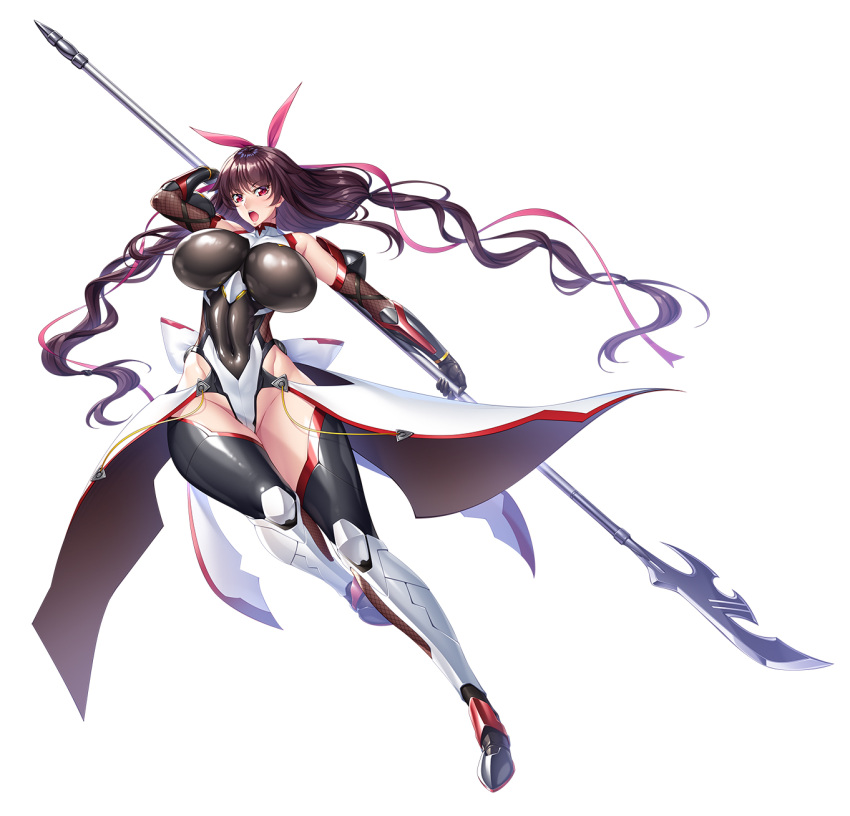 1girl :o alternate_costume aoi_nagisa_(metalder) bare_shoulders boots breasts brown_hair covered_navel fighting_stance fishnets full_body gauntlets glaive hair_ribbon highleg highleg_leotard highres holding holding_weapon large_breasts leotard long_hair looking_at_viewer mizuki_shiranui naginata navel official_art open_mouth polearm red_eyes ribbon simple_background skin_tight skindentation solo taimanin_(series) taimanin_asagi_kessen_arena taimanin_suit taimanin_yukikaze thigh-highs thigh_boots twintails vambraces weapon white_background younger zol