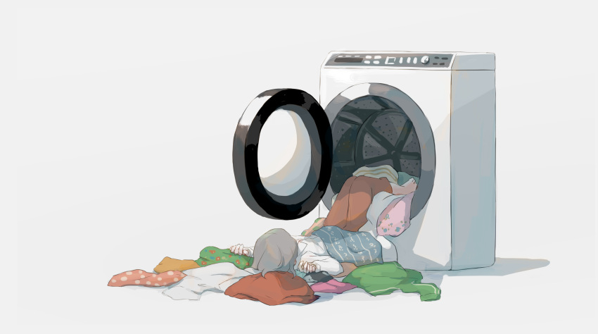 1boy absurdres avogado6 barefoot clothes facing_away from_behind grey_hair highres laundry lying male_focus on_back original pants red_pants shirt simple_background solo washing_machine white_background white_shirt