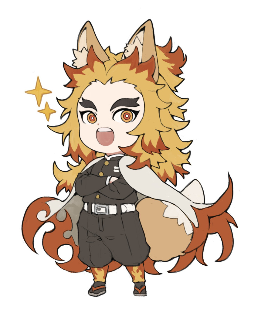 1boy animal_ears belt blonde_hair cape chibi crossed_arms fox_ears fox_tail highres kimetsu_no_yaiba long_hair male_focus multicolored multicolored_eyes multicolored_hair open_mouth pants papajay_(jennygin2) redhead rengoku_kyoujurou simple_background solo sparkle standing tail thick_eyebrows white_background white_belt white_cape