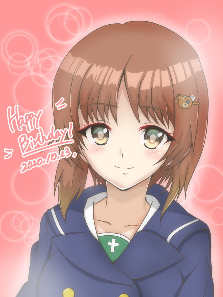 1girl absurdres bangs bear_hair_ornament blouse blue_jacket boko_(girls_und_panzer) brown_eyes brown_hair buttons closed_mouth commentary croissant_is2 dated double-breasted english_text eyebrows_visible_through_hair girls_und_panzer hair_ornament hairpin happy_birthday highres jacket looking_at_viewer nishizumi_miho ooarai_school_uniform pink_background sailor_collar school_uniform short_hair smile solo white_blouse winter_uniform