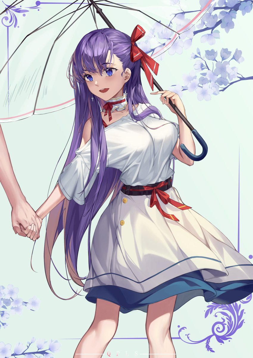 1girl absurdres blue_eyes breasts choker cowboy_shot cross cross_earrings dress earrings fate/stay_night fate_(series) hair_ribbon highres holding holding_hands holding_umbrella jewelry looking_at_another matou_sakura medium_breasts open_mouth purple_hair qian_pu_liu_shang red_ribbon ribbon single_bare_shoulder smile solo_focus umbrella upper_teeth white_dress