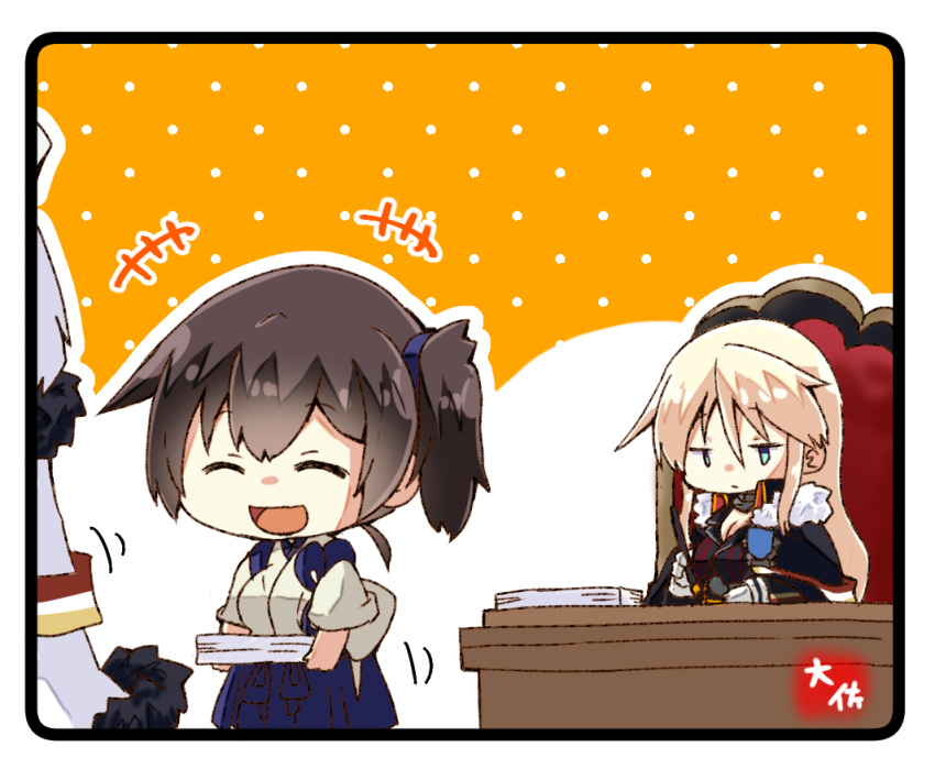 +++ 3girls ^_^ ^o^ artist_logo artist_name azur_lane bismarck_(azur_lane) blonde_hair blue_eyes blue_hakama blush brown_hair closed_eyes crossover eyebrows_visible_through_hair hair_between_eyes hakama hakama_skirt holding holding_paper japanese_clothes kaga_(kancolle) kantai_collection long_hair motion_lines multiple_girls open_mouth paper side_ponytail smile taisa_(kari) tasuki tirpitz_(azur_lane)