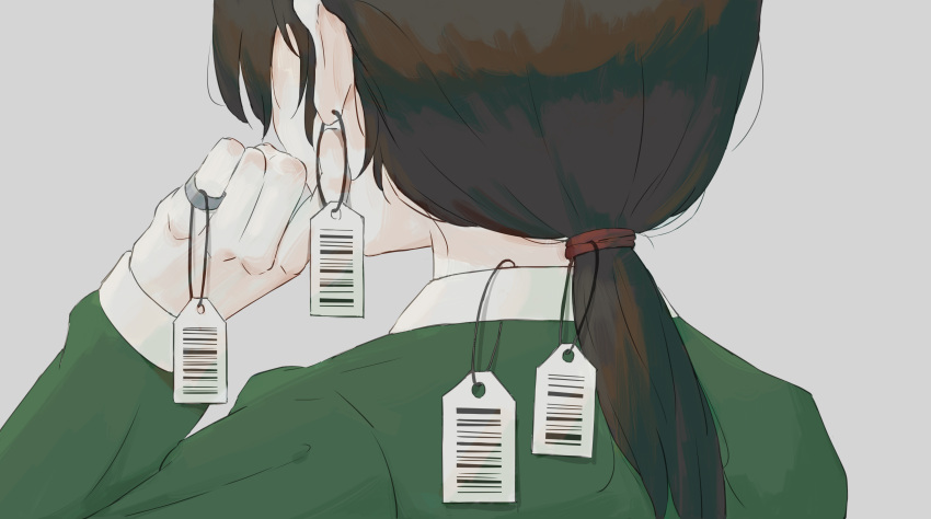 1girl absurdres avogado6 brown_hair ear_tag from_behind green_shirt grey_background hair_tie hand_up highres jewelry long_hair long_sleeves original ponytail ring shirt simple_background solo