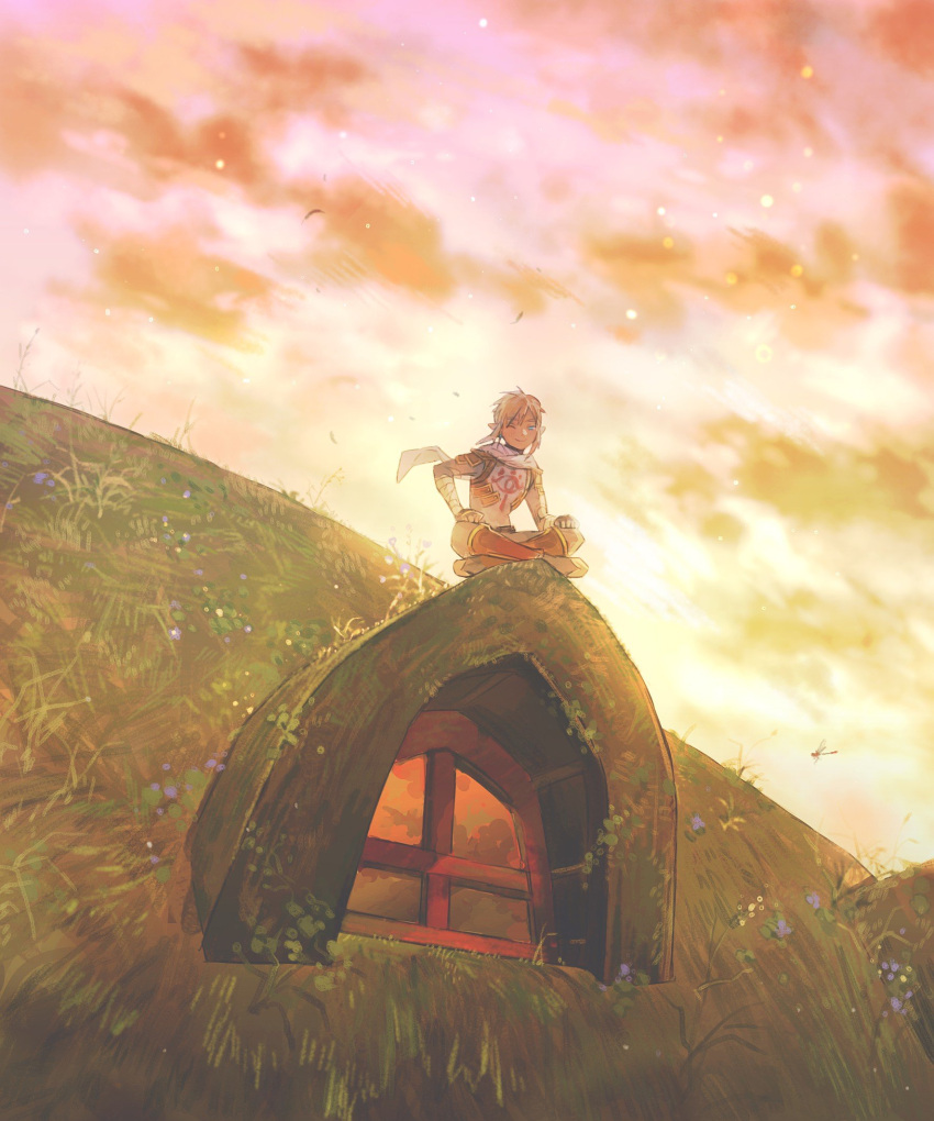 1boy bandaged_arm bandages blonde_hair blue_eyes clouds crossed_legs evening fingerless_gloves gloves highres house lingcod_dayu link male_focus official_alternate_costume one_eye_closed outdoors pointy_ears scarf scenery sheikah sidelocks sitting sky smile solo stealth_set_(zelda) the_legend_of_zelda the_legend_of_zelda:_breath_of_the_wild white_scarf window