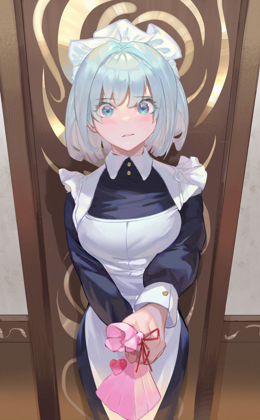 1girl absurdres apron black_sleeves blue_eyes blush breasts closed_mouth door gift highres holding holding_gift huge_filesize light_blue_hair looking_at_viewer maid maid_headdress medium_breasts occa-key original pink_bag shirt white_apron