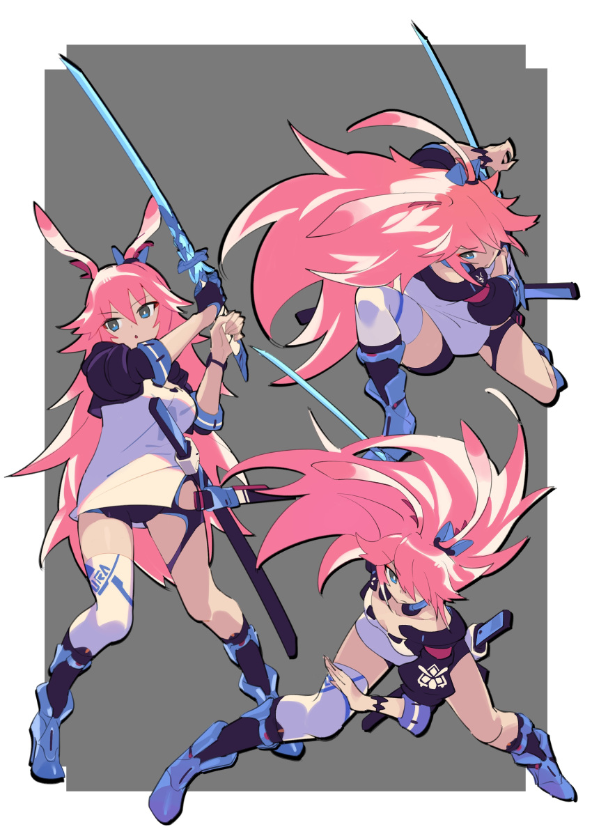 3girls absurdres alternate_eye_color animal_ears blue_eyes blue_footwear closed_mouth fighting_stance fox_ears full_body grey_background hair_between_eyes highres holding holding_sword holding_weapon honkai_(series) honkai_impact_3rd katana multiple_girls naoya_come open_mouth pink_hair pose sheath sheathed simple_background sword weapon white_legwear yae_sakura yae_sakura_(goushinnso_memento)