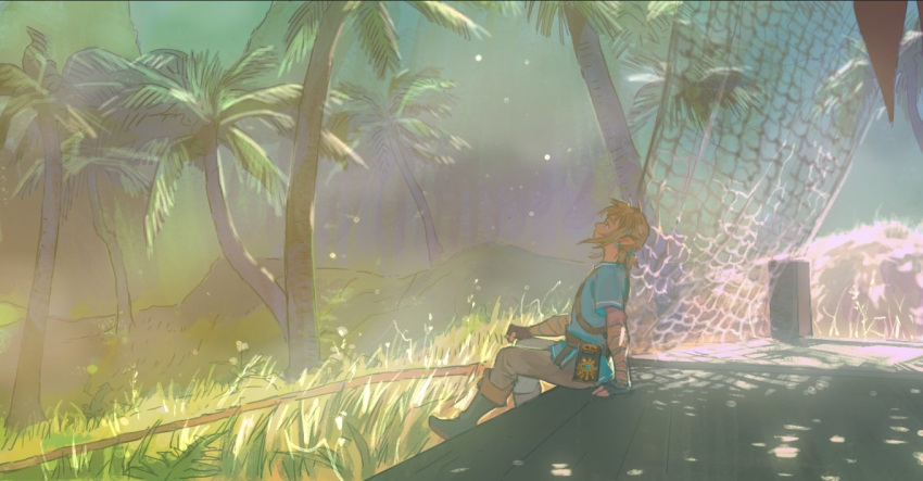 1boy bandages blonde_hair blue_eyes blue_tunic boots day earrings fingerless_gloves fishing_net from_side gloves grass jewelry lingcod_dayu link male_focus outdoors palm_tree pants pointy_ears ponytail scenery shade sheikah_slate short_ponytail sidelocks sitting solo the_legend_of_zelda the_legend_of_zelda:_breath_of_the_wild tree tunic