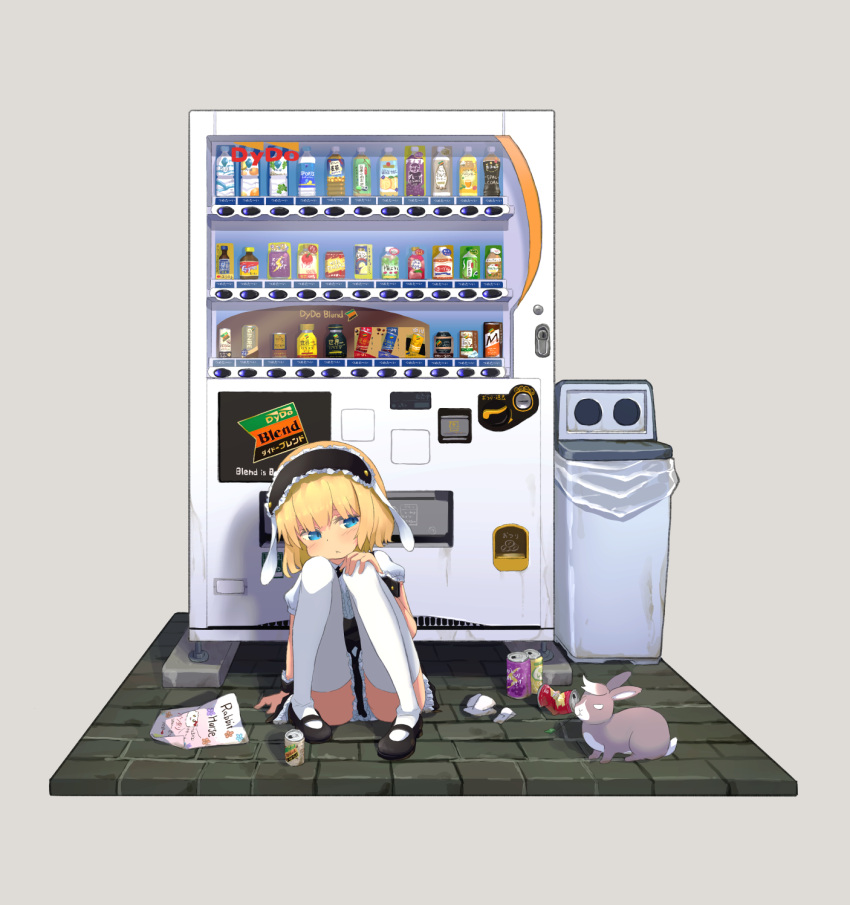 animal black_footwear blonde_hair blue_eyes can closed_mouth full_body gochuumon_wa_usagi_desu_ka? grey_background highres kirima_sharo loafers maid_headdress mohei rabbit shoes simple_background sitting_on_floor thigh-highs vending_machine white_legwear wild_geese