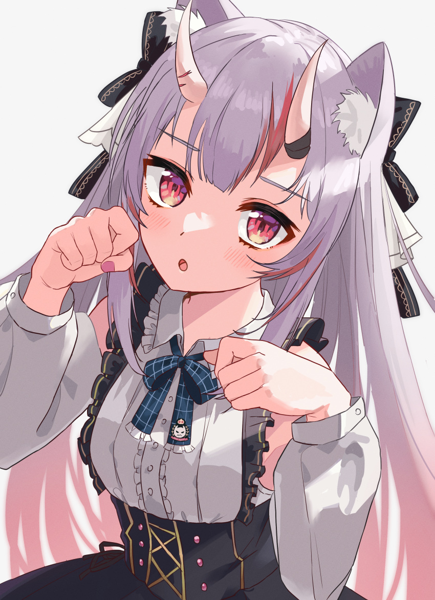 1girl :o absurdres animal_ear_fluff animal_ears bangs black_bow black_skirt blue_neckwear blush bow bowtie cat_ears center_frills collared_shirt commentary_request detached_sleeves frilled_shirt_collar frills grey_hair hair_bow hands_up head_tilt high-waist_skirt highres hololive horns kemonomimi_mode lolita_fashion long_hair long_sleeves looking_at_viewer multicolored_hair nakiri_ayame official_alternate_costume oni oni_horns overskirt paw_pose pink_nails red_eyes redhead shirt sidelocks simple_background skin-covered_horns skirt solo streaked_hair striped striped_bow suspender_skirt suspenders tagosaku_(tatsukiuma0329) virtual_youtuber white_background white_shirt