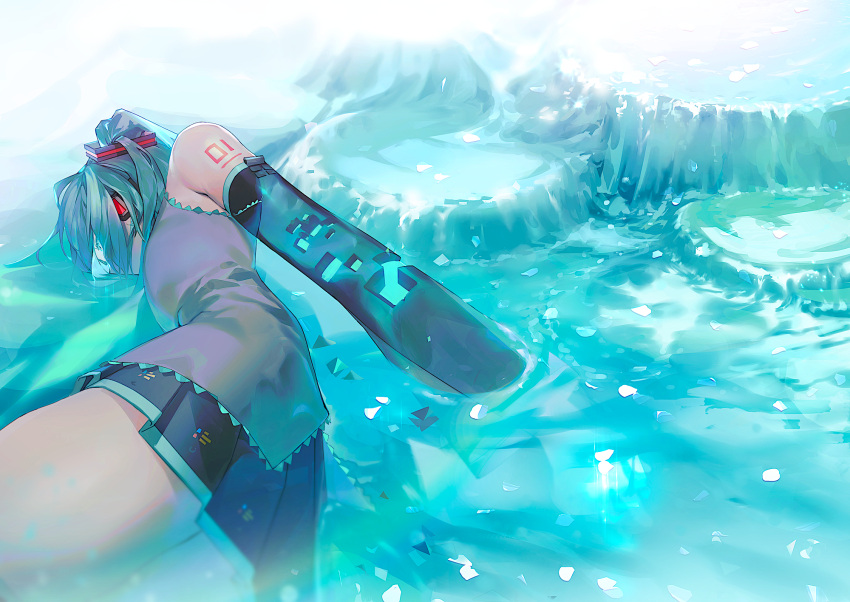 1girl agyou_sonokou_l aqua_eyes aqua_hair aqua_neckwear bare_shoulders black_skirt black_sleeves broken commentary detached_sleeves digital_dissolve glowing glowing_eyes grey_shirt hair_ornament half-closed_eyes hatsune_miku headphones highres lying miniskirt necktie on_side partially_submerged pleated_skirt shirt shoulder_tattoo skirt sleeveless sleeveless_shirt solo tattoo twintails vocaloid water_surface