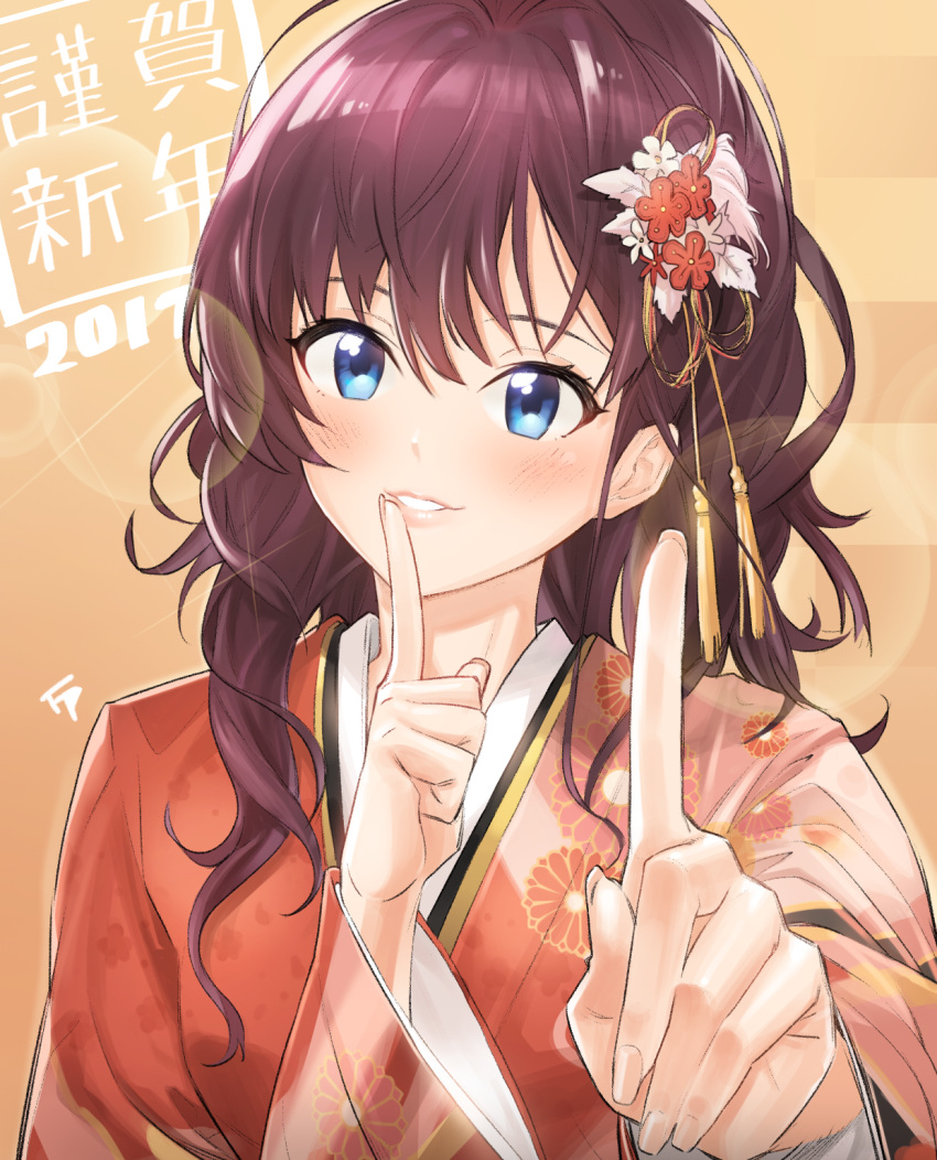 1girl 2017 alternate_costume alternate_hairstyle blue_eyes blush brown_hair commentary_request finger_to_mouth fpanda hair_ornament highres ichinose_shiki idolmaster idolmaster_cinderella_girls idolmaster_cinderella_girls_starlight_stage japanese_clothes kimono long_hair new_year pink_kimono pointing pointing_up solo wavy_hair