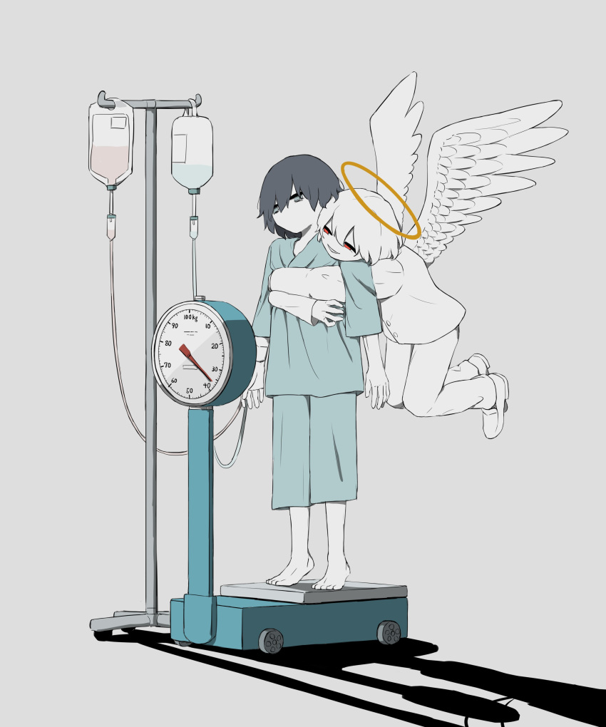 2boys absurdres angel_wings avogado6 barefoot black_hair blue_eyes blue_pants blue_shirt evil_smile feathered_wings flying grey_background halo highres hospital_gown hug hug_from_behind intravenous_drip male_focus multiple_boys pants red_eyes shirt simple_background smile standing tiptoes weighing_scale white_wings wings