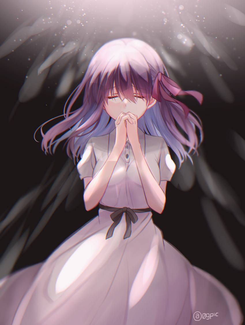 1girl absurdres breasts canary999 closed_eyes covered_mouth dress facing_viewer fate/stay_night fate_(series) hair_ribbon hands_up highres interlocked_fingers matou_sakura medium_breasts medium_hair off-shoulder_dress off_shoulder puffy_short_sleeves puffy_sleeves purple_hair red_ribbon ribbon short_sleeves solo upper_body white_dress