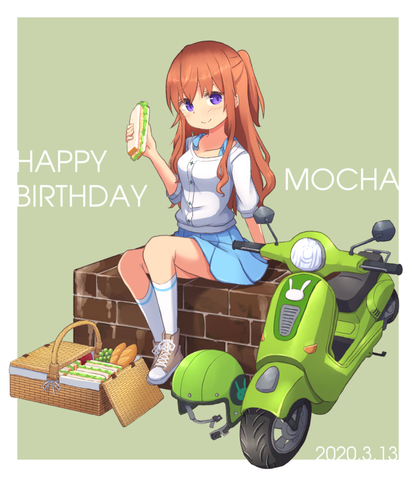 blouse blue_skirt closed_mouth collarbone food fruit full_body gochuumon_wa_usagi_desu_ka? grapes green_background ground_vehicle happy_birthday headwear_removed helmet helmet_removed highres holding holding_food hoto_mocha loaf_of_bread mohei motor_vehicle picnic_basket sandwich scooter simple_background skirt violet_eyes white_blouse