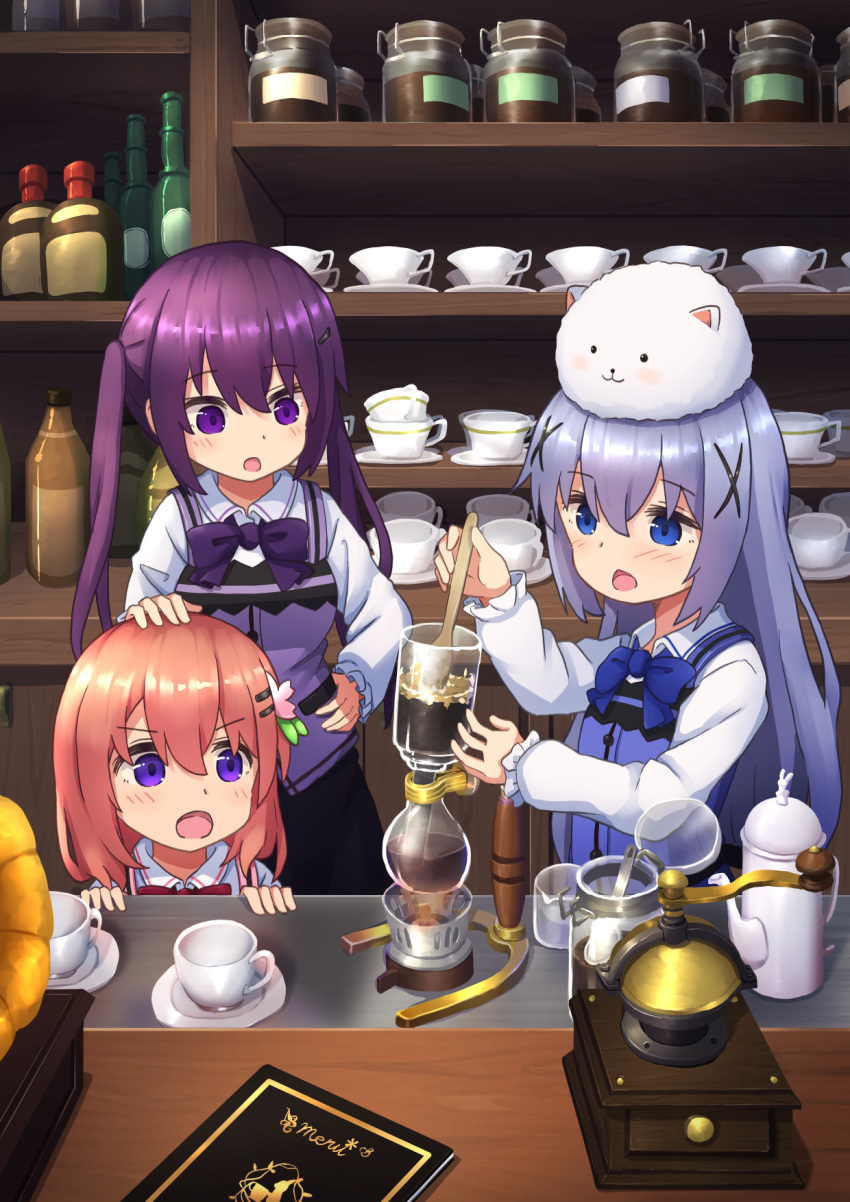 black_skirt blue_eyes blue_vest cafe coffee_cup coffee_grinder coffee_maker_(object) cup disposable_cup gochuumon_wa_usagi_desu_ka? hand_on_hip highres hoto_cocoa kafuu_chino long_sleeves menu mohei open_mouth purple_vest shirt skirt stirring tedeza_rize tippy_(gochiusa) vest violet_eyes white_shirt