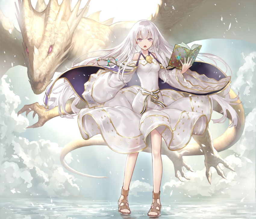1girl bangs book cape clothing_cutout clouds dragon dress fire_emblem fire_emblem:_genealogy_of_the_holy_war floating_hair full_body highres hiyashiru holding julia_(fire_emblem) long_hair long_sleeves open_mouth purple_cape ribbon sandals shoulder_cutout silver_hair standing violet_eyes white_dress