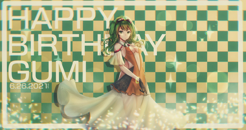 1girl absurdres black_gloves bracelet breasts brooch character_name checkered checkered_background clothing_cutout commentary dated deog3 dress feet_out_of_frame floral_print frilled_dress frills gloves goggles goggles_on_head green_eyes green_hair gumi happy_birthday highres jewelry lens_flare light_smile looking_at_viewer medium_breasts medium_hair orange_dress see-through_skirt skirt solo sparkle standing stomach_cutout vocaloid white_skirt wide_shot