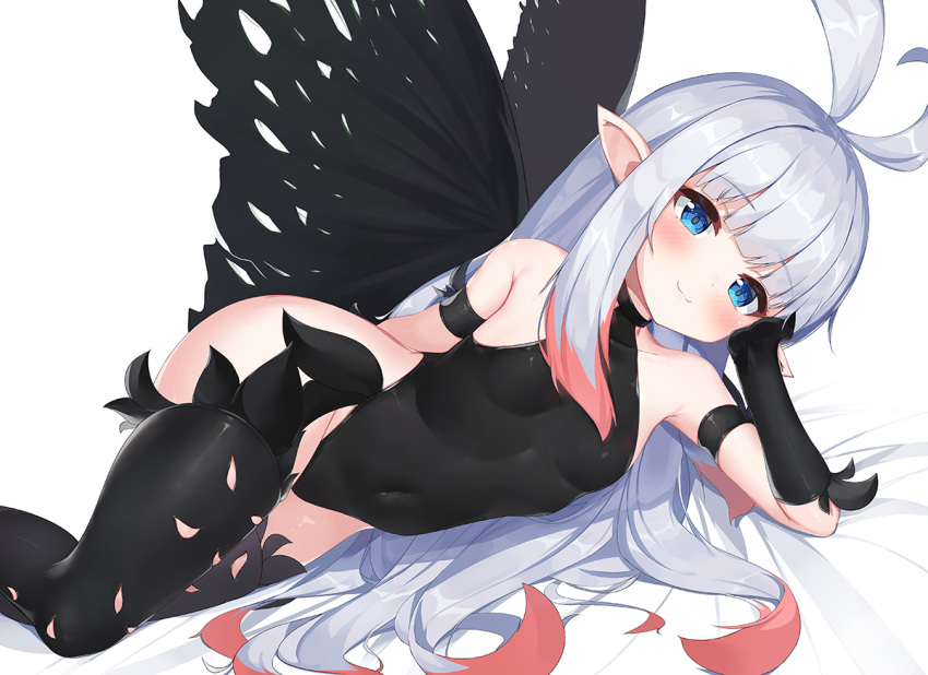 1girl 2drr anne_(bravely_second) antenna_hair arm_behind_back black_footwear black_gloves black_legwear black_leotard blue_eyes blush boots bravely_default_(series) bravely_second:_end_layer breasts butterfly_wings cheek_rest commission commissioner_upload covered_navel fairy gloves highleg highleg_leotard legs leotard long_hair lying on_side pixiv_request pointy_ears silver_hair smile solo thigh-highs thigh_boots thighs wings