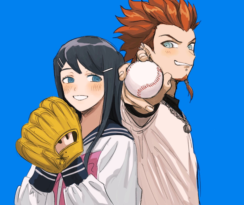 1boy 1girl back-to-back bangs baseball baseball_mitt black_hair blue_background blue_eyes blush bow brown_hair commentary dangan_ronpa:_trigger_happy_havoc dangan_ronpa_(series) earrings facial_hair goatee grey_shirt grin hair_ornament hair_up hairclip holding jewelry kuwata_leon large_bow long_hair long_sleeves looking_at_viewer maizono_sayaka necklace pink_bow renshu_usodayo sailor_collar shirt short_hair short_sleeves smile upper_body