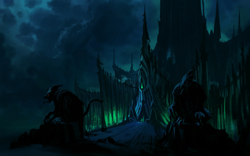 absurdres castle clouds cloudy_sky english_commentary glowing glowing_eye green_theme highres legendarium long_tongue minas_morgul night no_humans philipp_urlich road scenery sky statue tail the_lord_of_the_rings tongue tower