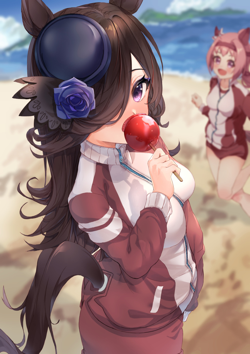 2girls :d aa_(16rrr16) absurdres animal_ears bangs beach blue_flower blue_headwear blue_rose blurry blurry_background breasts brown_hair buruma candy_apple clothing_cutout commentary_request day eating flower food hair_over_one_eye hairband hand_up haru_urara_(umamusume) hat hat_flower highres holding holding_food horse_ears horse_girl horse_tail jacket long_hair long_sleeves looking_at_viewer medium_breasts multiple_girls open_mouth outdoors pink_hair red_jacket rice_shower_(umamusume) rose smile tail tail_cutout track_jacket umamusume violet_eyes water