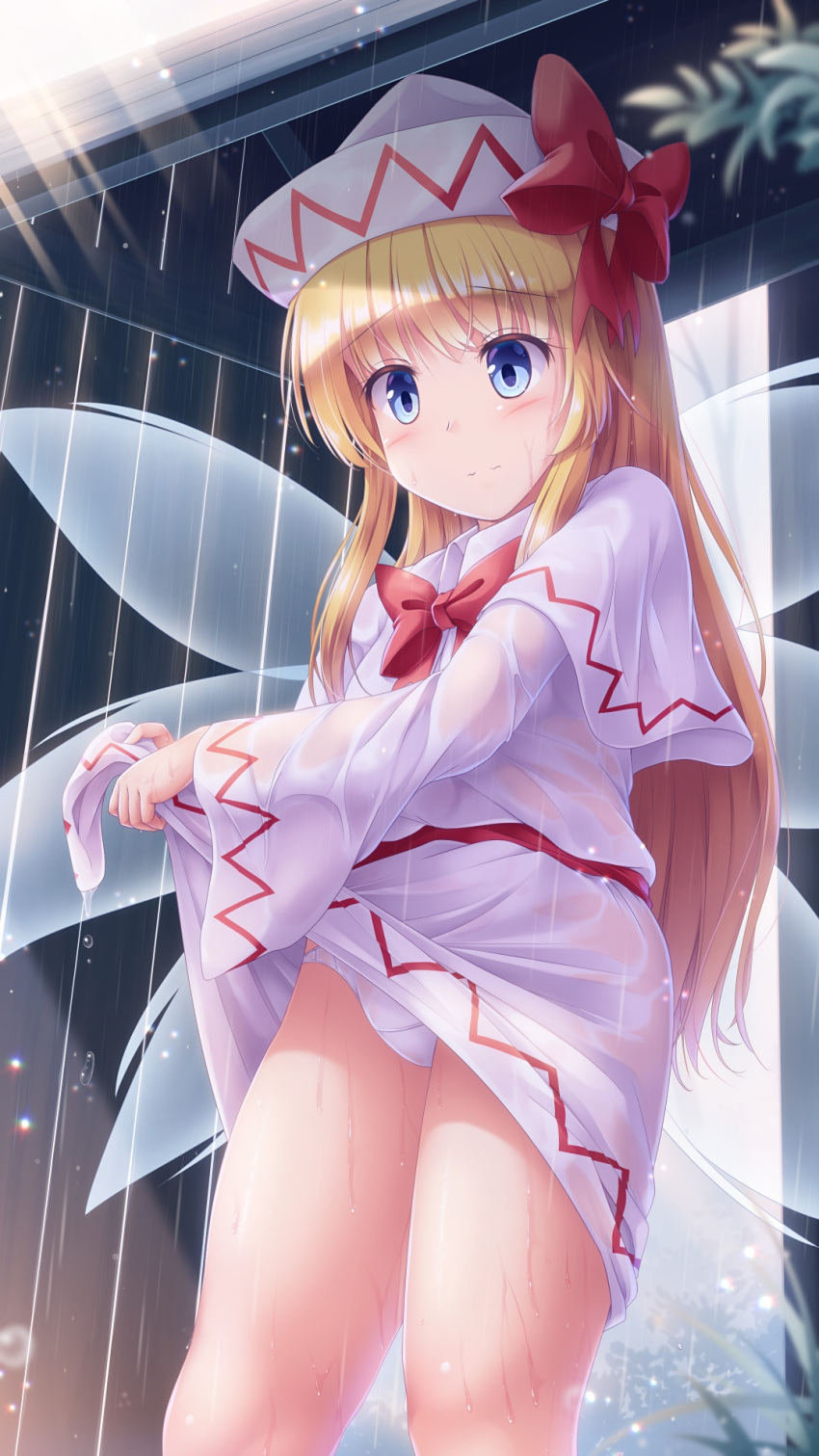 1girl bangs blonde_hair blue_eyes bow bowtie capelet commentary_request eyebrows_visible_through_hair eyes_visible_through_hair fairy_wings gate hat hat_bow highres lily_white long_hair long_sleeves lzh panties rain red_bow red_neckwear see-through solo touhou underwear very_long_hair wet wet_clothes white_capelet white_headwear white_panties wide_sleeves wings wringing_clothes