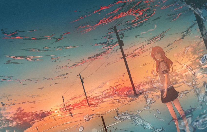 1girl abisswalker8 absurdres bare_legs barefoot clouds commentary gradient_sky highres huge_filesize looking_at_viewer medium_hair original power_lines red_clouds scenery short_sleeves skirt sky splashing sun sunset transformer twisted_torso uniform utility_pole water waves