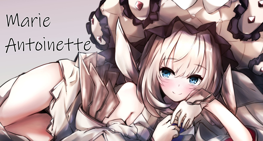 1girl bangs blue_eyes blush character_name dress english_text eyebrows_visible_through_hair eyelashes fate/grand_order fate_(series) frilled_hat frills gem gloves harii_(janib5kc) hat headpiece highres indoors large_hat long_hair looking_at_viewer lying marie_antoinette_(fate) silver_hair simple_background smile solo thighs twintails white_headwear