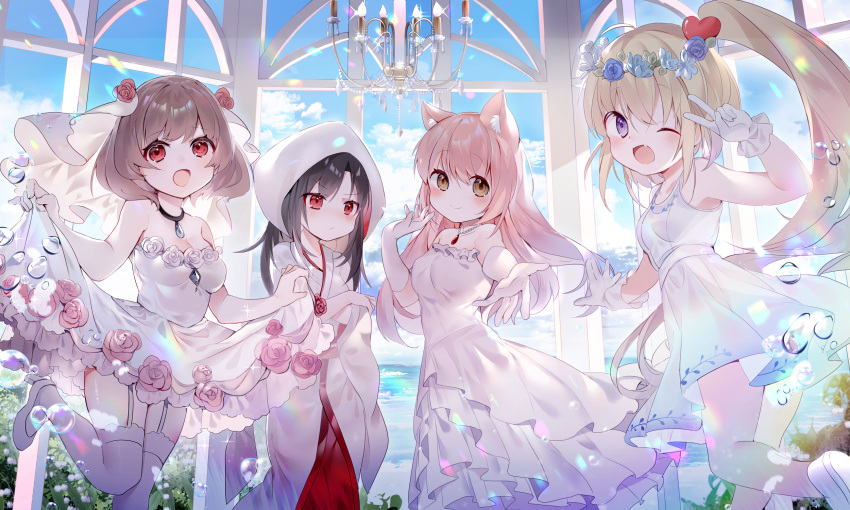 4girls :d ;d amafuyu animal_ear_fluff animal_ears bangs black_hair blonde_hair blush breasts brown_hair bubble chandelier chinese_commentary commentary_request day dress dress_flower elbow_gloves eyebrows_visible_through_hair flower gloves hand_up head_wreath high_heels highres hood hood_up indoors japanese_clothes jewelry kimono long_hair long_sleeves looking_at_viewer looking_away medium_breasts medium_hair multiple_girls one_eye_closed open_mouth original outstretched_arm pendant pink_flower pink_hair pink_rose ponytail red_eyes rose sky small_breasts smile standing standing_on_one_leg strapless strapless_dress thigh-highs v veil very_long_hair violet_eyes wedding_dress white_dress white_footwear white_gloves white_kimono white_legwear