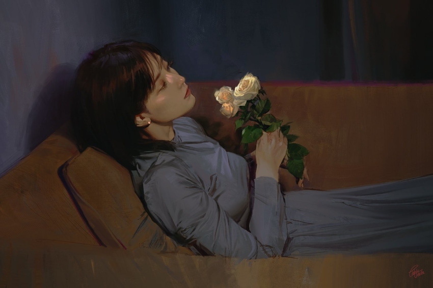1girl artist_name asian bangs blue_dress breasts couch dress earrings flower from_side holding holding_flower jewelry looking_up lying on_back on_couch pablo real_life realistic rose short_hair signature small_breasts solo white_flower white_rose