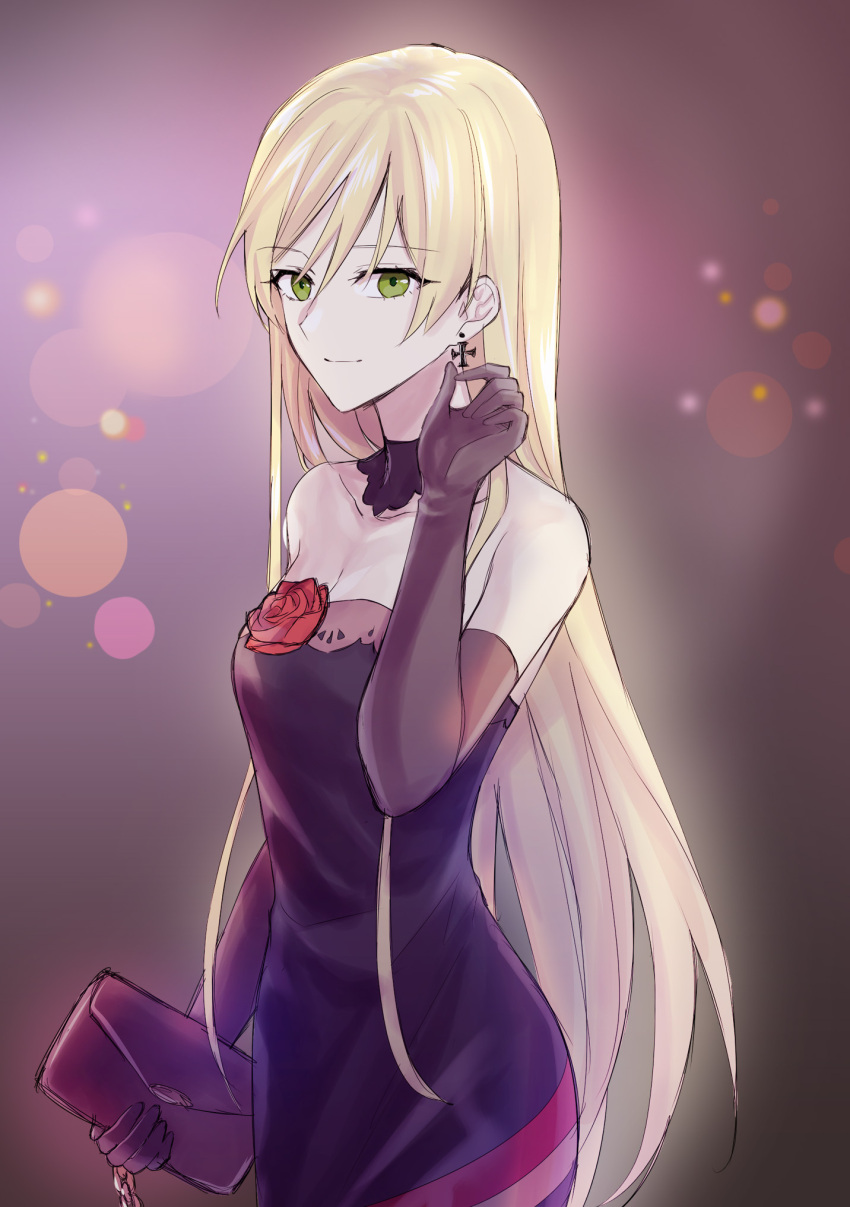 1girl bag bare_shoulders black_gloves blonde_hair breasts closed_mouth collarbone cross cross_earrings dress dress_flower earrings elbow_gloves eyebrows_visible_through_hair feet_out_of_frame girls_frontline gloves green_eyes highres holding holding_bag holding_ear jewelry long_hair looking_at_viewer purple_dress simple_background small_breasts smile solo standing stg44_(girls_frontline) suprii