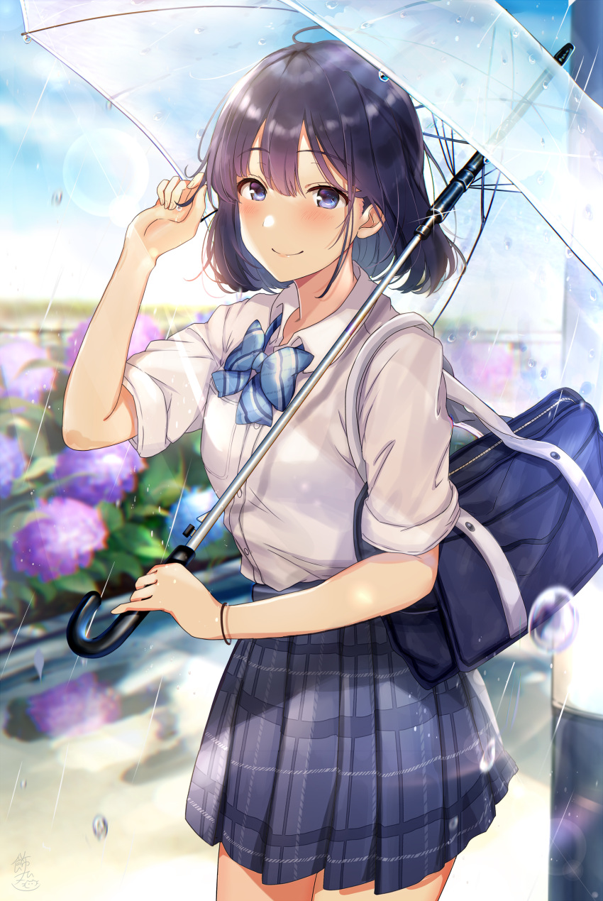 1girl bag bangs black_hair blue_eyes blue_neckwear blue_skirt blurry blurry_background bracelet closed_mouth collared_shirt commentary_request day flower hand_in_hair highres hisao_0111 holding holding_umbrella hydrangea jewelry leaf lens_flare looking_at_viewer original outdoors plaid plaid_skirt pleated_skirt rain school_bag school_uniform shirt short_hair short_sleeves skirt smile solo standing transparent transparent_umbrella umbrella water_drop white_shirt
