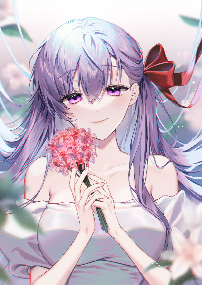 0nly_u 1girl absurdres bare_shoulders breasts closed_mouth dress facing_viewer fate/stay_night fate_(series) flower hair_ribbon hands_up highres holding holding_flower matou_sakura medium_breasts off-shoulder_dress off_shoulder purple_hair red_ribbon ribbon smile solo upper_body violet_eyes white_dress