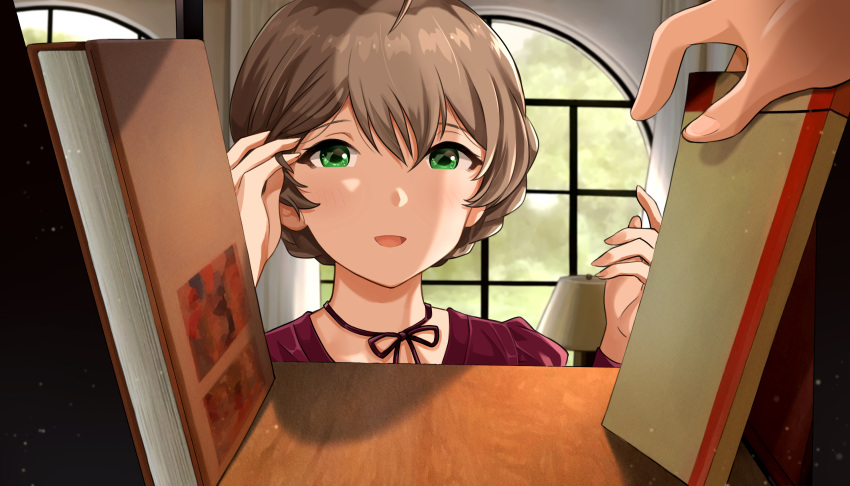 1girl :d adjusting_hair bangs book bookshelf braid braided_bun brown_hair cowlick curtains green_eyes hair_between_eyes hanamasa_ono highres idolmaster idolmaster_million_live! indoors lamp library light_blush looking_at_viewer open_mouth pov red_shirt sakuramori_kaori shirt short_hair smile window