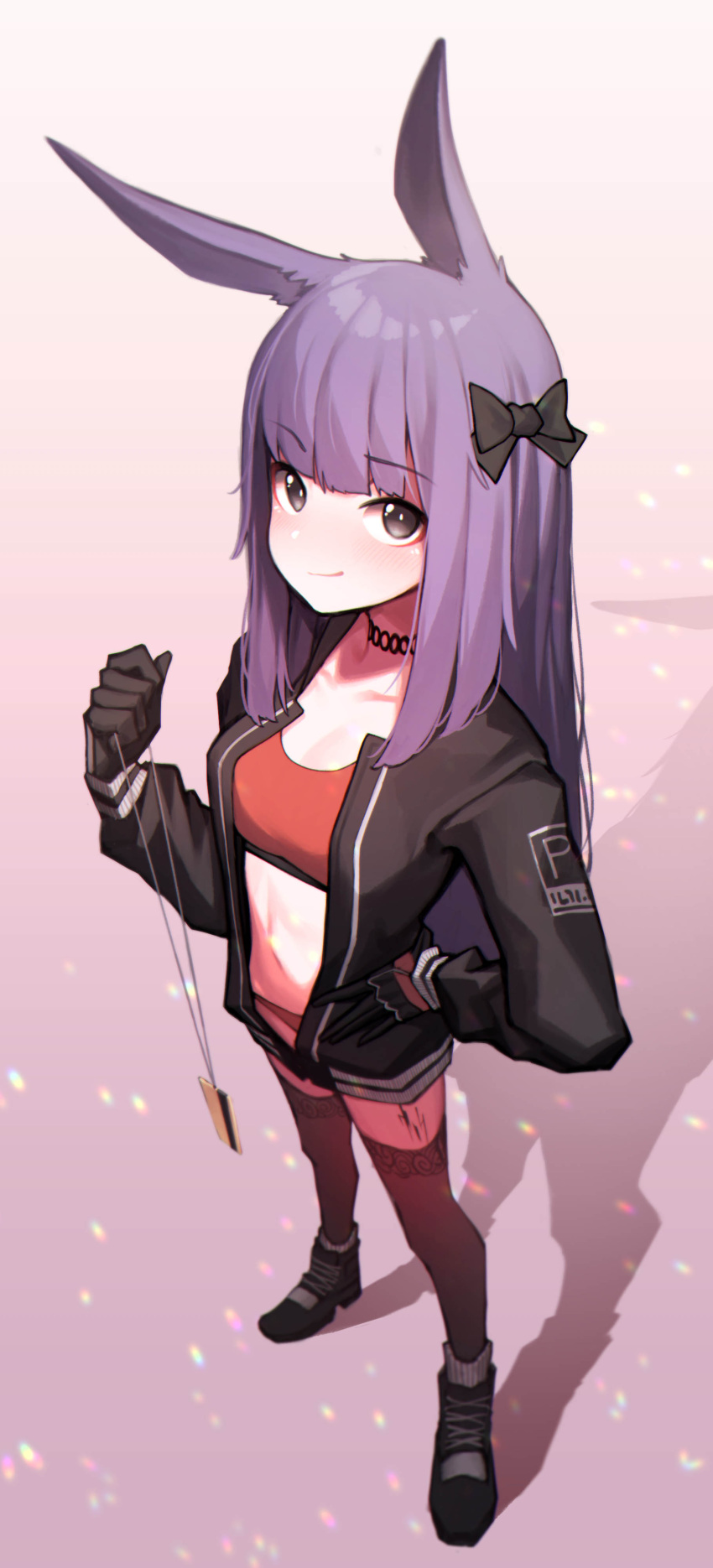 1girl absurdres animal_ear_fluff animal_ears arknights bangs beudelb black_bow black_footwear black_gloves black_jacket blush bow bra breasts brown_legwear closed_mouth collarbone commentary_request eyebrows_visible_through_hair full_body gloves grey_eyes hair_bow hand_on_hip highres holding jacket long_hair looking_at_viewer navel open_clothes open_jacket panties purple_hair rabbit_ears red_bra red_panties rope_(arknights) shadow shoes small_breasts smirk solo standing thigh-highs underwear very_long_hair