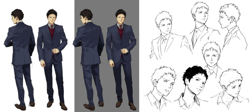 1boy blue_jacket blue_pants blue_suit character_sheet collared_shirt formal from_behind grey_shirt gundam gundam_hathaway's_flash hathaway_noa jacket looking_ahead looking_at_viewer looking_to_the_side male_focus multiple_views necktie official_art pablo pants production_art red_neckwear red_vest shirt sketch suit vest