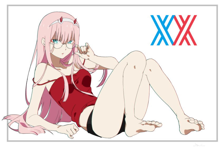 1girl adjusting_eyewear aqua_eyes bare_arms bare_legs barefoot black_shorts border breasts chromatic_aberration collarbone commentary_request darling_in_the_franxx feet full_body glasses grey_border hairband hand_up hari611 horns long_hair looking_at_viewer medium_breasts midriff_peek open_mouth pink_hair red_horns red_tank_top semi-rimless_eyewear short_shorts shorts solo strap_slip tank_top thighs under-rim_eyewear white_background white_hairband zero_two_(darling_in_the_franxx)