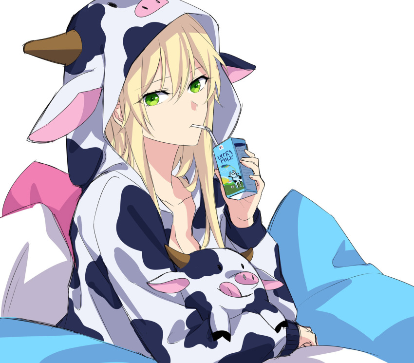 1girl animal_print blonde_hair closed_mouth collarbone cow cow_print drink eyebrows_visible_through_hair girls_frontline green_eyes highres long_hair looking_at_viewer milk pajamas pillow solo stg44_(girls_frontline) suprii white_background