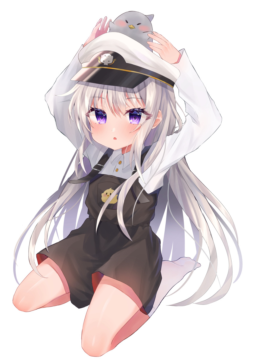 1girl :o absurdres animal_on_head arms_up azur_lane bangs bird blush character_print chick collared_shirt commentary_request eyebrows_visible_through_hair full_body hair_between_eyes hat highres kneehighs little_enterprise_(azur_lane) long_hair long_sleeves looking_at_viewer manjuu_(azur_lane) military_hat on_head overall_skirt peaked_cap seiza shirt sidelocks silver_hair simple_background sino_rameko sitting solo very_long_hair violet_eyes white_background white_headwear white_legwear white_shirt