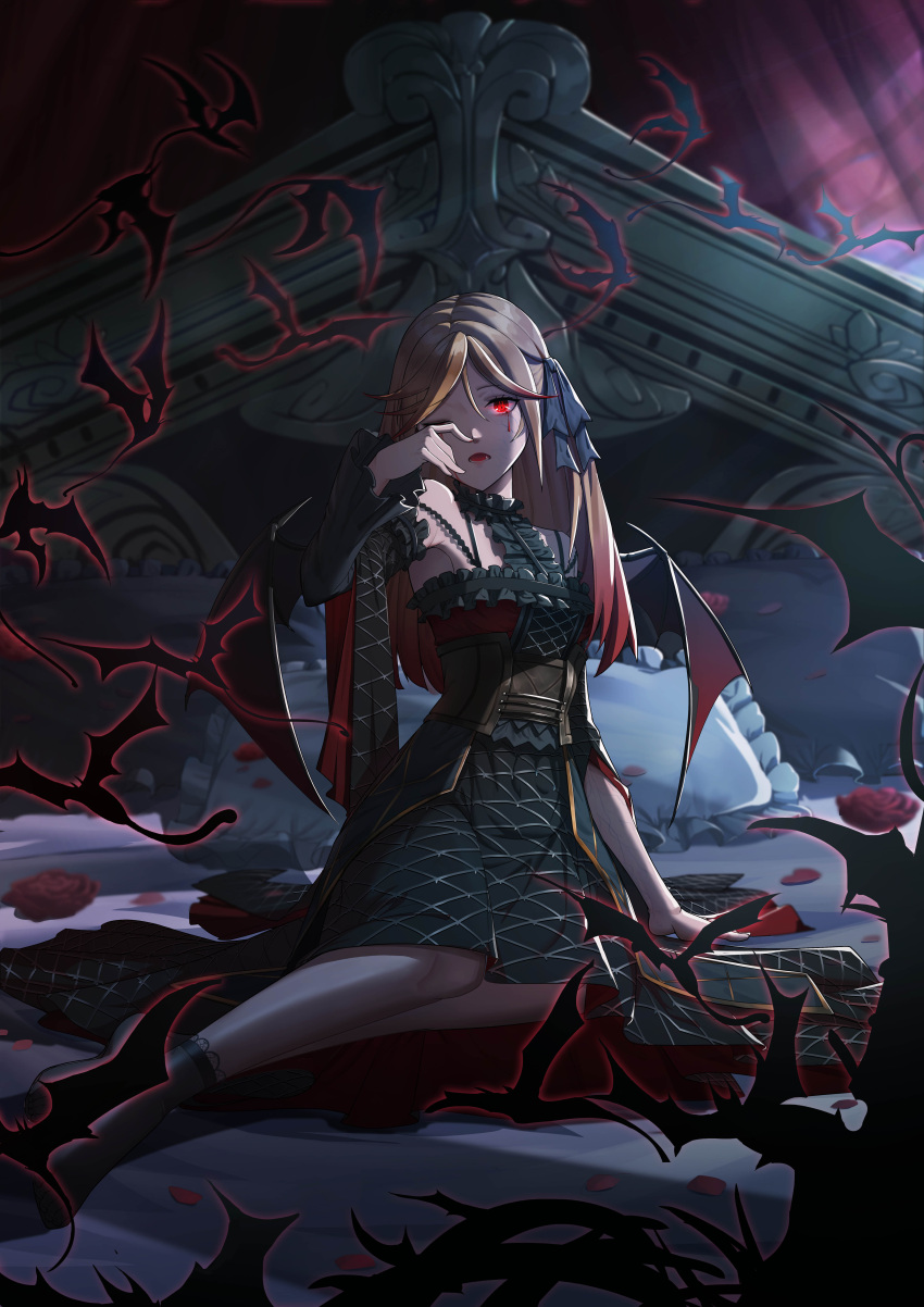 1girl absurdres bare_shoulders bat bat_wings black_dress blonde_hair blood bloody_tears breasts chinese_commentary detached_sleeves dress duel_monster flower frills glowing glowing_eyes gradient_hair hair_between_eyes highres long_hair multicolored_hair on_bed one_eye_closed open_mouth pillow red_eyes redhead rose sitting socks solo tears vampire vampire_fraulein veins wings wiping_tears yokozuwari yu-gi-oh! yuanhe_mx