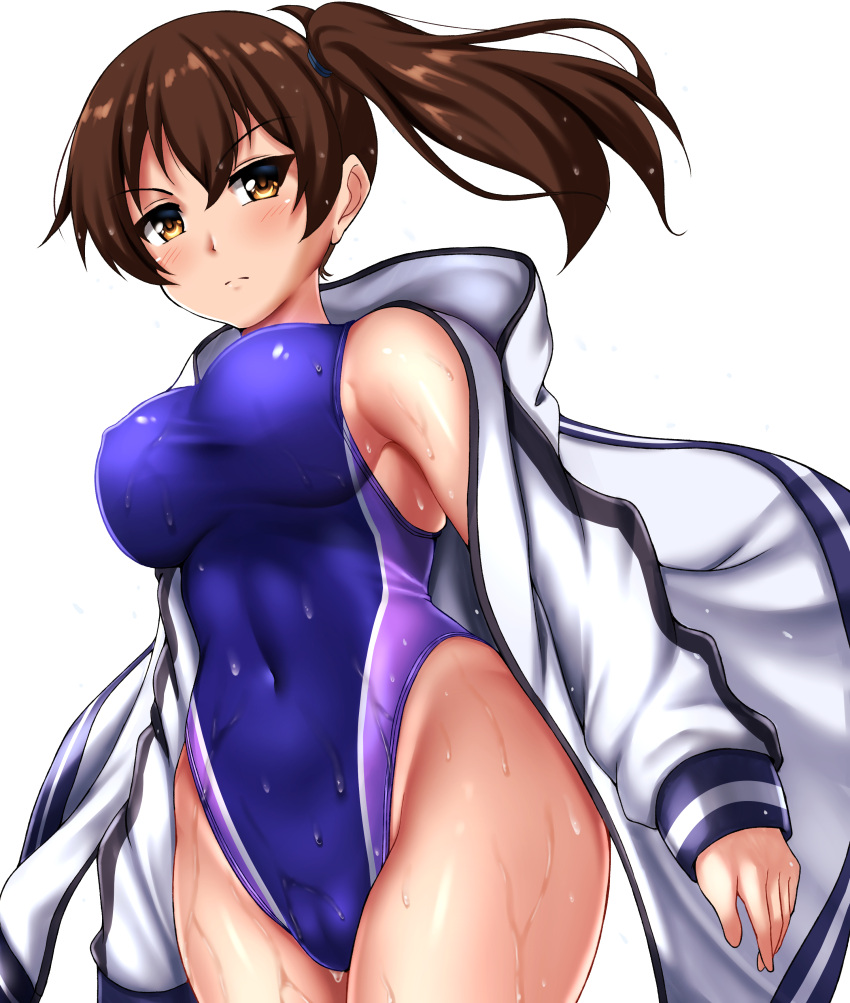 1girl absurdres blue_swimsuit breasts brown_eyes brown_hair competition_swimsuit covered_navel cowboy_shot day eyebrows_visible_through_hair hair_between_eyes highleg highleg_swimsuit highres jacket kaga_(kancolle) kantai_collection large_breasts looking_at_viewer medium_hair one-piece_swimsuit outdoors side_ponytail simple_background solo swimsuit swimsuit_under_clothes wet wet_clothes wet_swimsuit white_background white_jacket zanntetu